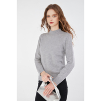 Pull en laine mélangée à col montant pour femme, maille fine gris chiné, doux, pour l'hiver, vente en gros