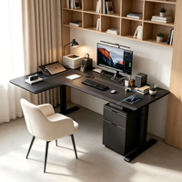 Bureau d'ordinateur de jeu en forme de L robuste avec cadre métallique, tiroir et contrôle de hauteur réglable