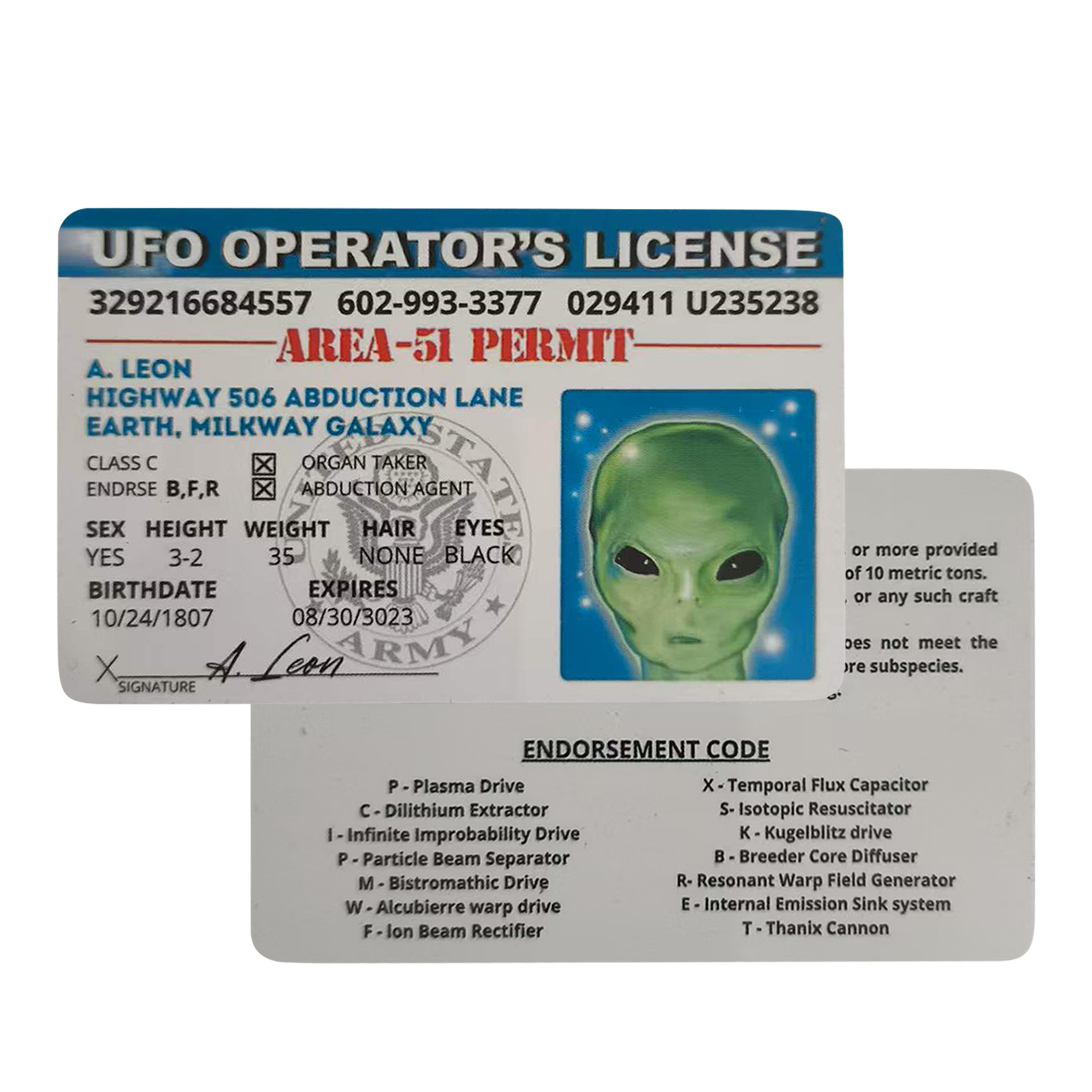 Custom Design Vermont Alien License Card Novelty ID Plastic Extra