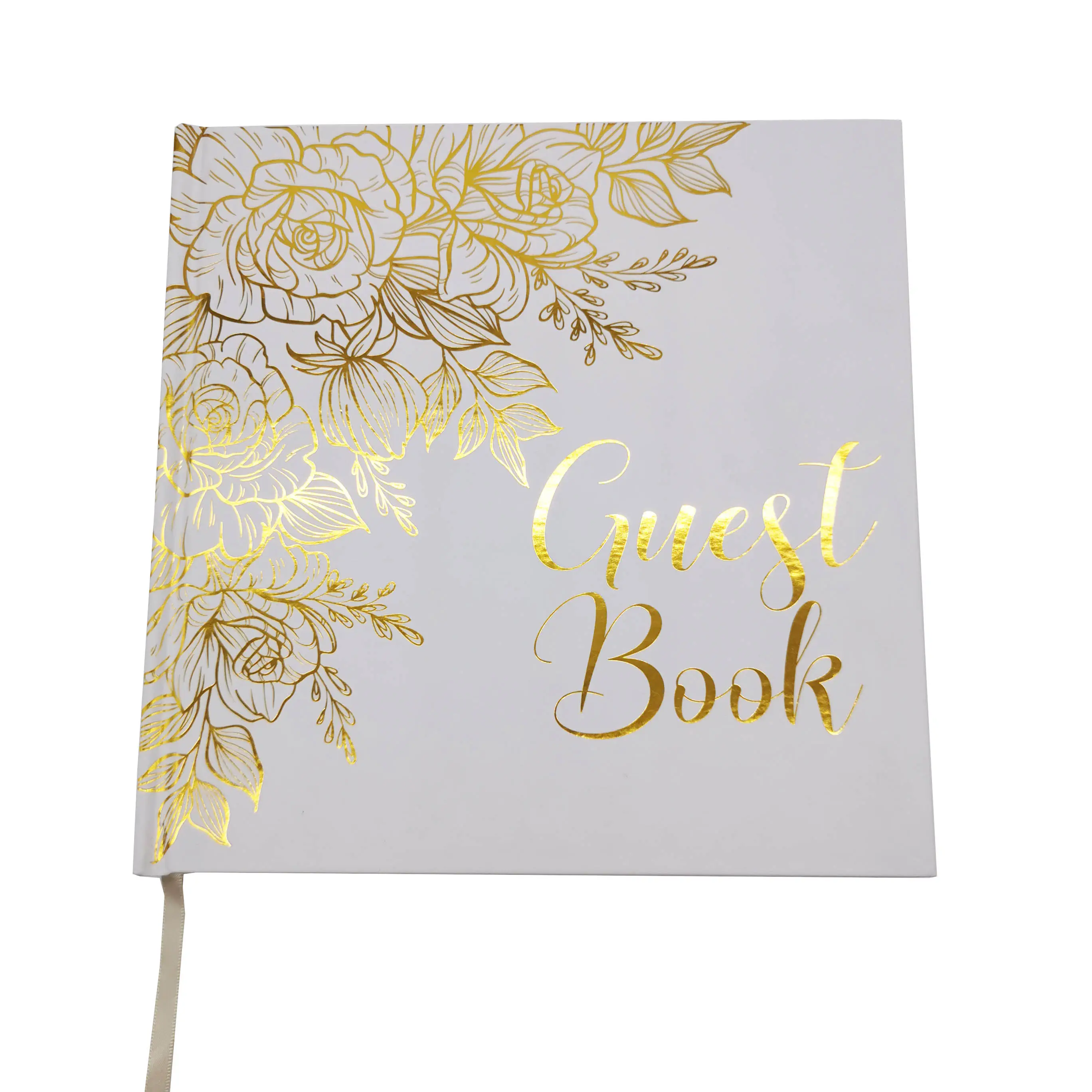 21.5*21.5cm Gold Stamping Printing White Custom Hardcover Memorial Wedding Guest Book