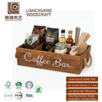 Boîte de rangement en bois pour bar à café avec poignée en corde, organisateur multi-compartiments pour sachets de café, sirops, agitateurs, comptoir de cuisine
