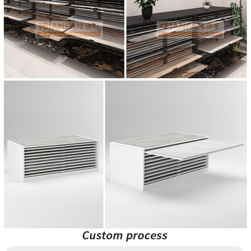 Customized high quality granite ceramic tile showroom quartz marble sample flooring-standing drawer stone display rack