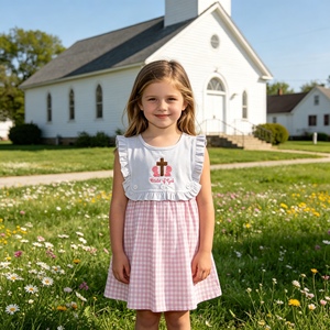 GSD3201 RTS ชุดเดรสเด็กผู้หญิงลายสก๊อตสีชมพูสำหรับฤดูร้อน ปักลายกางเขน ความยาวระดับเข่า ไม่มีแขน ขายส่ง - Product Image 1