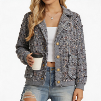 Cárdigan de punto de tweed para mujer de marca privada, elegante, con solapa corta, manga larga, ajuste holgado, frente abierto, chaqueta de punto de hilo suave mezclado.