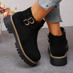 Bottines en daim pour femmes, nouvelles bottines à semelle épaisse, bout rond, grande taille, avec boucle de ceinture, en stock - Product Image 4