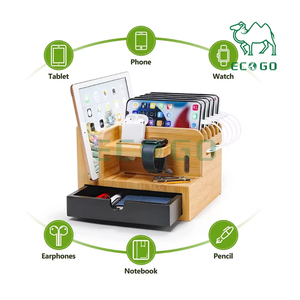 Support organisateur de support de station de charge en bambou avec tiroir à 5 fentes pour chargeurs de plusieurs appareils - Product Image 2