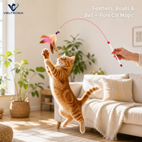 Baguette de chat en plumes arc-en-ciel avec fil d'acier haute élasticité, plumes naturelles, perles à clochettes, poignée ergonomique, jouet interactif manuel