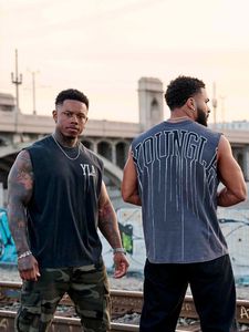 تيشيرت YOUNGLA بدون أكمام للرجال من القطن 100%، ستايل أمريكي صيفي جديد، مناسب للجري والصالات الرياضية والرياضة واللياقة البدنية، فيست تريكو كاجوال - Product Image 4