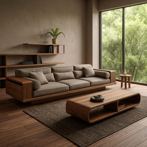 Sofá Minimalista de Tres Plazas en Madera de Teca con Reposabrazos Curvos, Ecológico y Duradero, Diseño Moderno de Perfil Bajo para Sala de Estar - Product Image 3