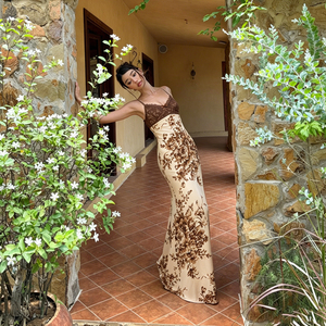 Vestido Largo de Mujer con Tirantes Finos de Encaje, Estampado Floral Marrón, Cuello en V, Verano, Casual, Elegante, Nuevo Estilo 2026 - Product Image 3