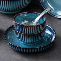 Retro Blue Kiln Porzellan Geschirrset Enthält Keramik platte Reiss chale Suppe Fisch platte-Anpassbare Muster Typ Geschirr Sets