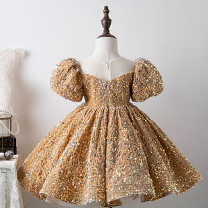 Vestito da principessa con maniche a sbuffo per <span class=keywords><strong>bambini</strong></span> giallo USA abito da principessa con paillettes stile bambina festa di compleanno - Product Image 2