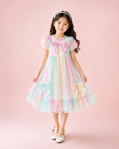 Elegante Vestido de Princesa para Niñas en Colores Pastel Arcoíris con Mangas Abullonadas, Adornos de Encaje y Lazos Decorativos para Fiestas de Cumpleaños - Product Image 2