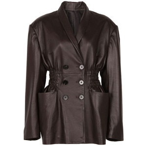 Giacca in Vera Pelle con Vita Elastica per Donna, Giacca in Pelle a Doppio Petto, <span class=keywords><strong>Moda</strong></span> Autunnale - Product Image 4