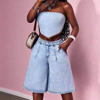 Short en jean bleu clair légèrement extensible coupe ample |   Poches à détails lavés pour le printemps/été