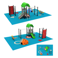 Ensemble de jeux de plein air sur le thème du soleil et des dessins animés pour parc communautaire, avec toboggan combiné, balançoire, balançoire à bascule et dôme d'escalade