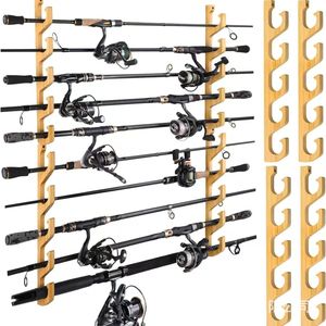 Wooden Fishing <b>Rod</b> <b>Holder</b> Wall Mounted Multi Layer Storage Rack For <b>Rods</b> And Nets - Product Image 1