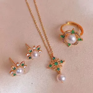 Emerald Three Piece Set 6-8mm Freshwater Pearl Necklace Earring Ring Set Pearl Jewelry Set Mother&#39;s Day New Trendy Women