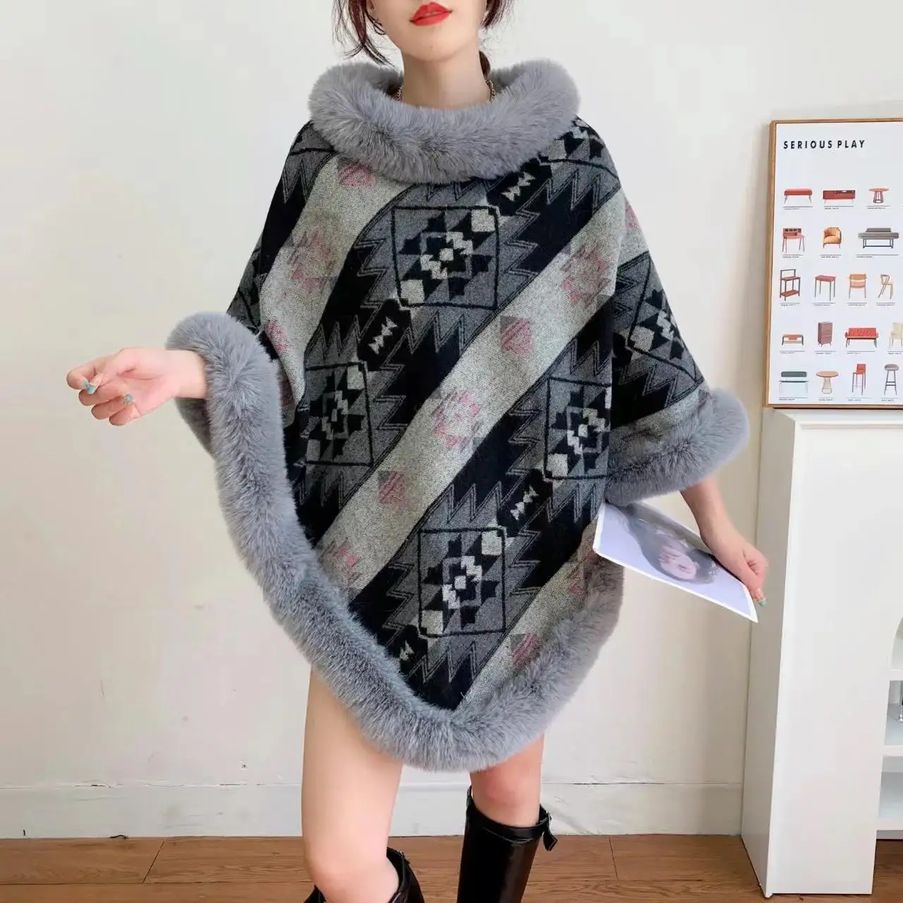 6 Colors New Loose Streetwear Printed Poncho Cloak Winter Velvet Warm O Neck Faux Rabbit Fur Women Pullover Shawl Coat