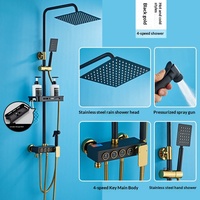Ensemble de douche moderne noir et or, robinet thermostatique en acier inoxydable et laiton, fixation murale, paroi de douche complète