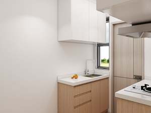 Ensemble de petites armoires de cuisine en placage de bois, plan de travail en quartz monochrome, durable et réglable pour appartement - Product Image 2