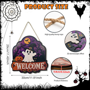 Meilleure Vente Décoration de Porte d'Accueil en Bois pour Halloween : Fantôme avec Chapeau de <span class=keywords><strong>Sorcière</strong></span>, Citrouille et Chat Noir – Panneau Suspendu pour la Maison - Product Image 4