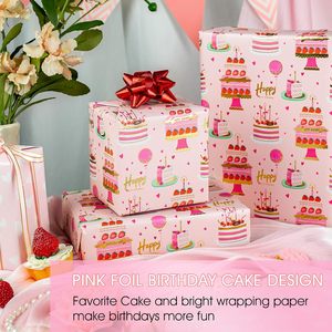 <b>Pink</b> Birthday Gift <b>Wrap</b> Roll 17x33 Feet Metallic Foil Cartoon Cakes Happy Birthday Design For Girls Party Craft Use - Product Image 2