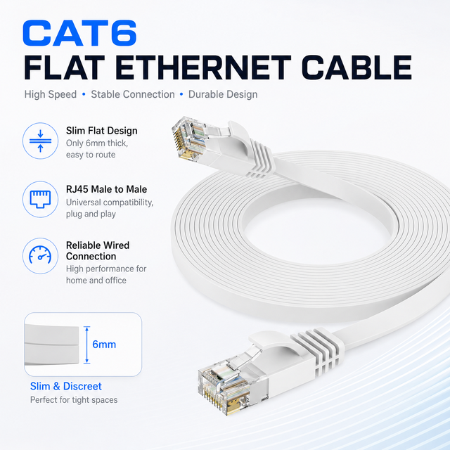 Cat6 Flat Ethernet Cable RJ45 Male to Male High Speed LAN Network Cable Slim Internet Patch Cord for Router PC