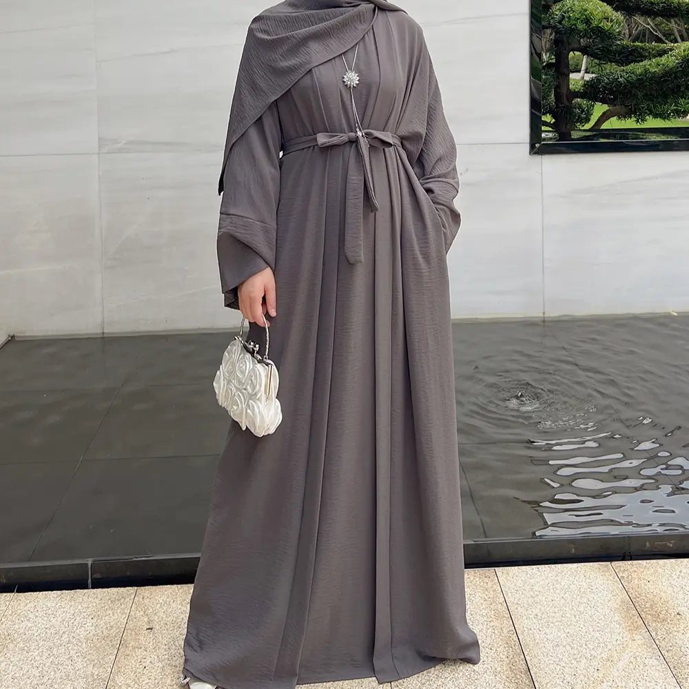伝統的でゆるいイスラムドレス2個オープンアバヤとロングドレストルコ無地イード中東アラブ服
