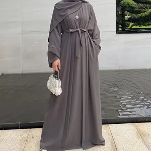 Geleneksel ve gevşek islami elbise 2 adet açık Abaya ve uzun elbise türk düz renk Eid orta doğu arap giyim