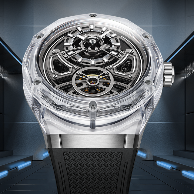 Bonest Gatti Custom Logo 5ATM Waterproof Crystal Glass Case Mechanical Watches Luxury Skeleton Men Automatic Watch BG5807