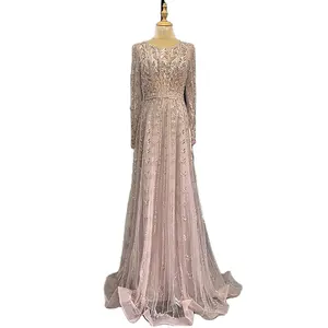 Pink O-Neck Long Sleeves Evening Dresses Serene Hill LA71696 Mother of the Bride Beaded Party Gowns For Women