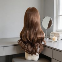 Perruque non-attachée, style doux, perruque pour femme, brun chaud caramel, frange, cheveux longs bouclés, perruque complète Lolita