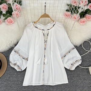 Kemeja Wanita Musim Gugur Bahan Katun Tebal Bordir Etnik Retro Lengan Bubble Model Longgar Dapat Dicuci Trendi Korea - Product Image 3
