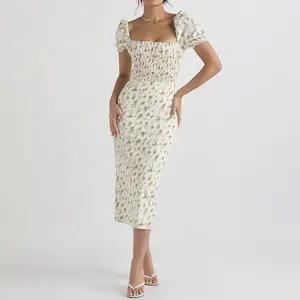 Frauen Mode Kleidung Designer Kleid Fabrik Oem Custom Garden Print Shirred Sommerkleid