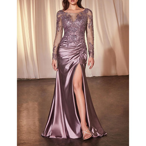 Abiti da Sera di Lusso con Glitter Dubai, <span class=keywords><strong>Vestito</strong></span> a Sirena Lucido con Spacco Laterale, Maniche Lunghe, Ricamo, Abito da Cerimonia Color <span class=keywords><strong>Lavanda</strong></span> Polveroso - Product Image 4