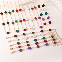 Nouveaux ensembles de bijoux pour femmes, 3 pièces, colorés, en alliage, style charmant, motif trèfle à cinq feuilles et fleur porte-bonheur, collier, bracelet, boucles d'oreilles, pour le marché international