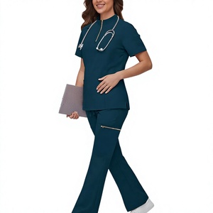 Factory Direct Wholesale OEM <b>Scrubs</b> Unisex Cotton Polyester Woven Zip Front Top Flare Pant Stretch Nursing <b>Scrubs</b> <b>Set</b> Uniform - Product Image 6