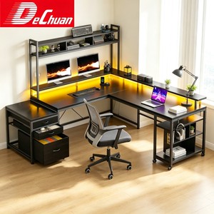 Escritorio de Computadora en <span class=keywords><strong>Forma</strong></span> de <span class=keywords><strong>L</strong></span> con Marco Metálico, Cajones, Luz LED y Estante Superior para Juegos en Casa, Venta al Por Mayor - Product Image 2