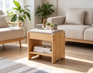New Arrival Oak Wood Storage <b>Stool</b> with <b>Cushioned</b> Seat & Open Shelf for Entryway - Product Image 1