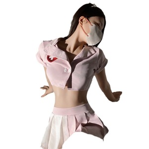 Lemon Story Nurse Uniform Women Fancy Dresses Sexy Role Play Costume Pink Short Sleeve Crop Top with Skirt Set 8119 - Product Image 5