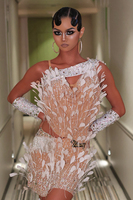 Costume de compétition latine sur mesure en spandex/coton orné de plumes blanches Vennystyle - Cha-cha/Rumba/Samba/Jive