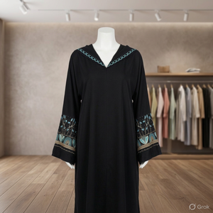 Abaya élégante noire à imprimé floral avec accents turquoise - Product Image 2
