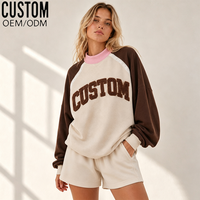 Ensemble de survêtement décontracté deux pièces pour femme, avec sweat-shirt à col montant et manches raglan, color block personnalisé, broderie appliquée, coupe oversize