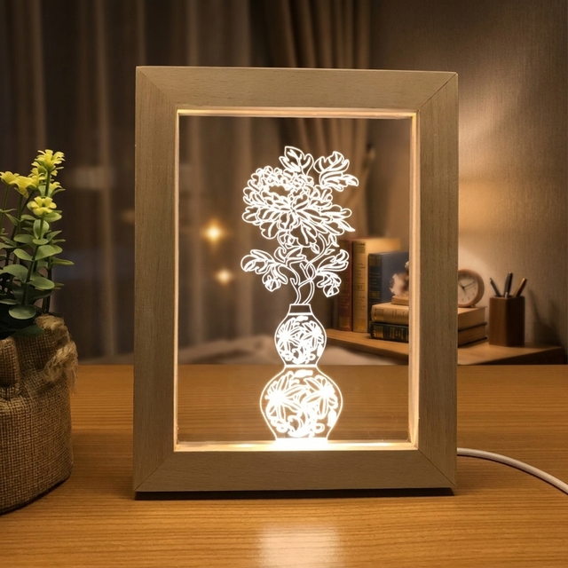 Solid Wood LED Photo Frame Night Light, Smart Lamp Warm White Light USB Dimmable Modern Smart Light for Living Room Home Decor