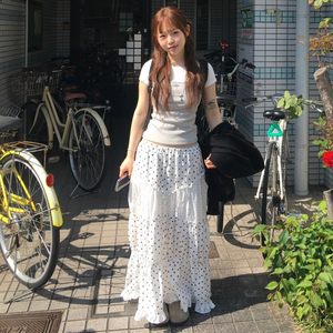 Falda Larga de Estilo Coreano Retro con Estampado de Lunares para Mujer, con Volantes, Diseño Plisado, Elegante y Dulce Falda de Verano - Product Image 1