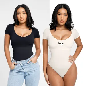 Bodysuit for Women Tummy Control Shapewear Thong Seamless Short Sleeve  Square Neck Body Shaper