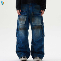 Pantalones vaqueros de trabajo holgados vintage azules de talla grande para hombre, con lavado descolorido, múltiples bolsillos y pierna ancha, tipo cargo.