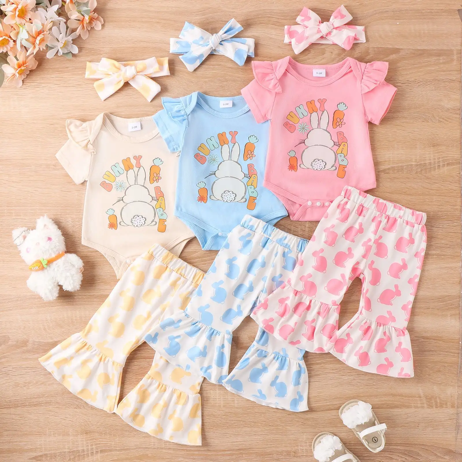 Easter Newborn Infant Toddler Clothes Fly Short Sleeve Pants 2Pcs Boutique Cartoon Rabbit Kids Clothing Baby Girls With Bow 2024