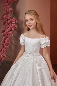 <span class=keywords><strong>Vestido</strong></span> de Niña de las Flores <span class=keywords><strong>Blanco</strong></span> Satinado 2026, Hombros Descubiertos, Apliques de Pedrería, Elegante, <span class=keywords><strong>para</strong></span> Cumpleaños, Concursos, Primera Comunión - Product Image 2